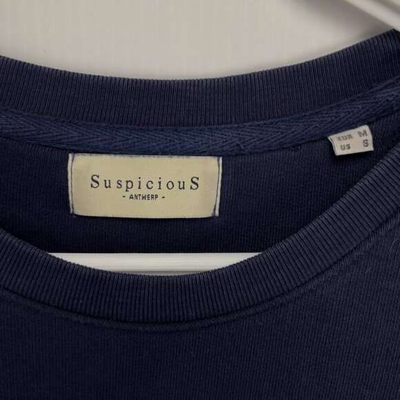 SUSPICIOUS ANTWERP Embroidered Skull Crew Neck Navy Blue Sweatshirt Size S - Picture 5 of 6